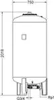 Vertikales, zylindrisches Gefäß in technischen Diagramm, ausgestattet mit Anschlüssen, hergestellt von IMI Hydronic Engineering.